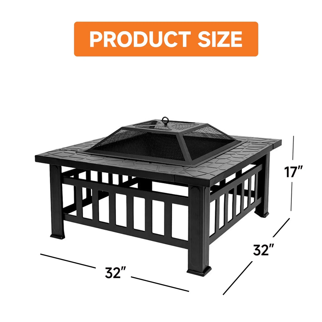 Games & Sports Expert 32" Heavy Duty Square Patio Wood Fire Pit Table with Spark Screen Cover, Log Grate, Waterproof Cover and Fire Poker for Outdoor Backyard, Garden, Bonfire