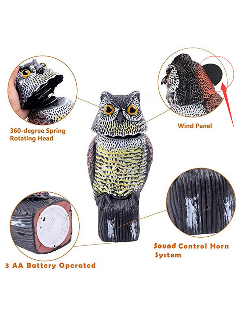 Listenwind Realistic Owl Decoy With Rotating Head Bird Pigeon Crow Scarer