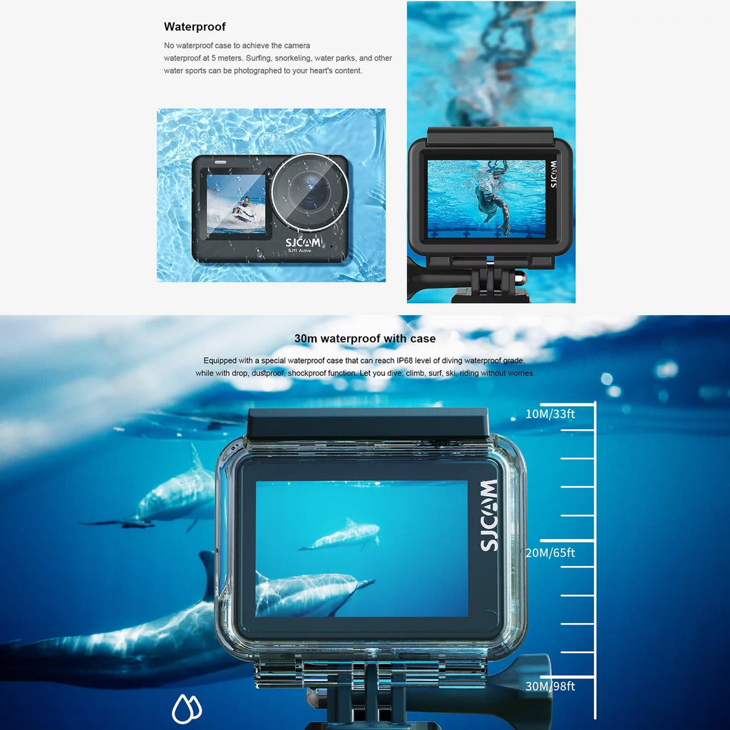 SJ11Active Mini Action Camera - 20MP, Waterproof, Anti-Shake, Dual Screen, Supports Live Streaming, Comes with Waterproof Case and Adapters