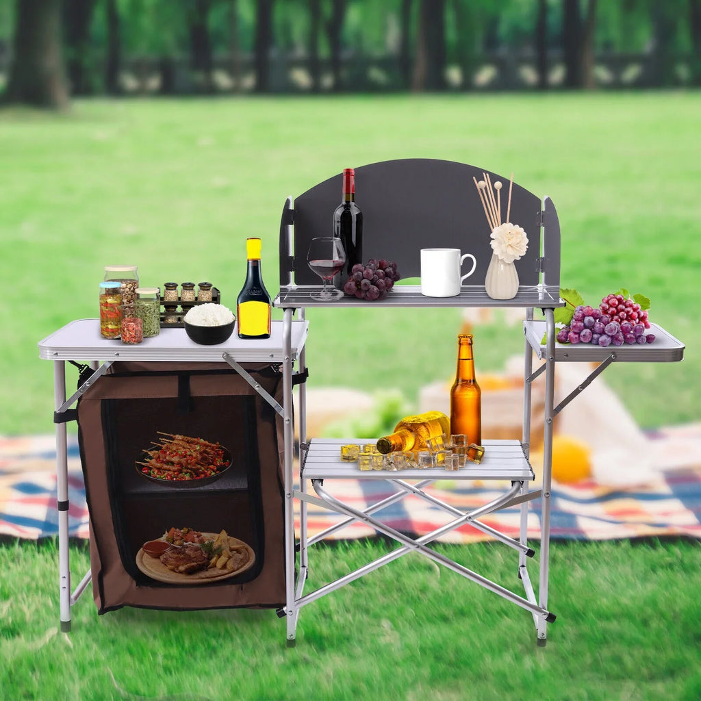 Folding Camping Kitchen Station Portable Barbecue Table Rack Brown Fabric Cover