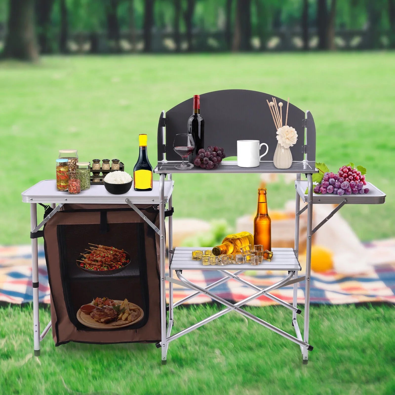 Folding Camping Kitchen Station Portable Barbecue Table Rack Brown Fabric Cover