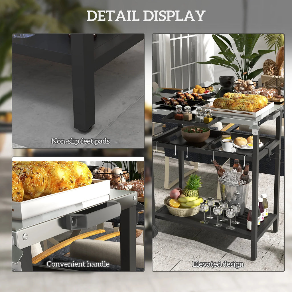 Outdoor Bar Cart with Stainless Steel Tabletop, Kitchen Island with Wheels, 2 Tiers & Seasoning Shelf, Patio Serving Cart with Hooks, Towel & Garbage Bag Holder, Plates & Spice Jars, Black