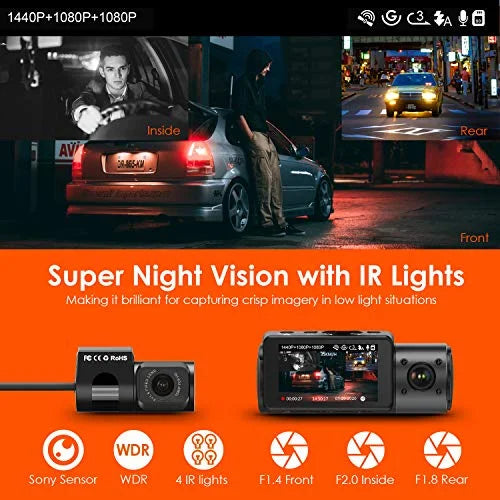 Vantrue  3 Channel 4K Dash Cam, 4K+1080P Front and Rear, 1440P+1440P Front and