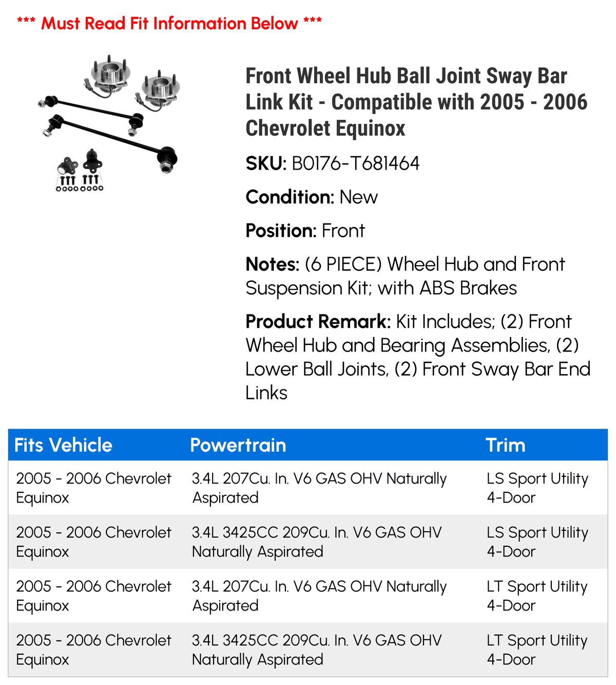 Front Wheel Hub Ball Joint Sway Bar Link Kit - Compatible with 2005 - 2006 Chevy Equinox