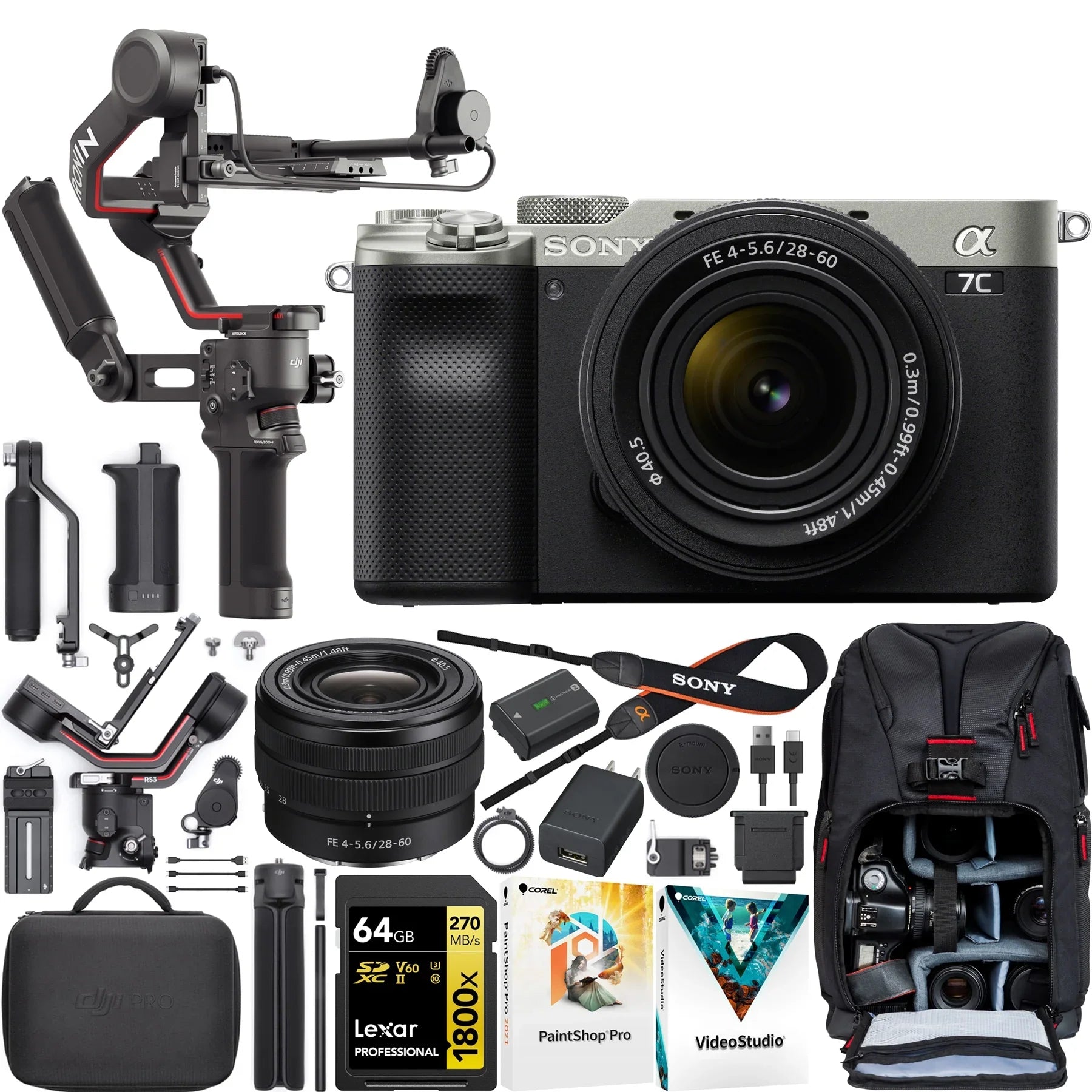 Sony a7C Mirrorless Full Frame Camera Body with 28-60mm Lens Silver -7CL/ Filmmaker's Bundle Including   3 Combo Gimbal Stabilizer Kit + Deco Gear Photography Backpack + 64GB Card &Software