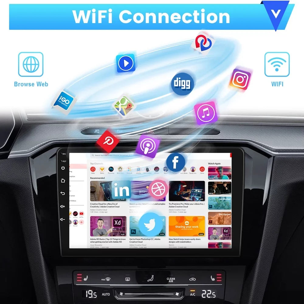 Podofo 2+64G Universal 9'' Double Din Car Stereo Radio Wireless Carplay Android Auto Mirror Link Touch Screen 1080P Car Multimedia Player Bluetooth    , Microphone& Backup Camera