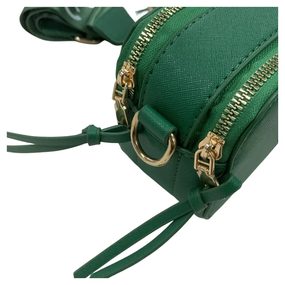 Women's Black Leather Cross body Snapshot Bag with Logo Chain Strap