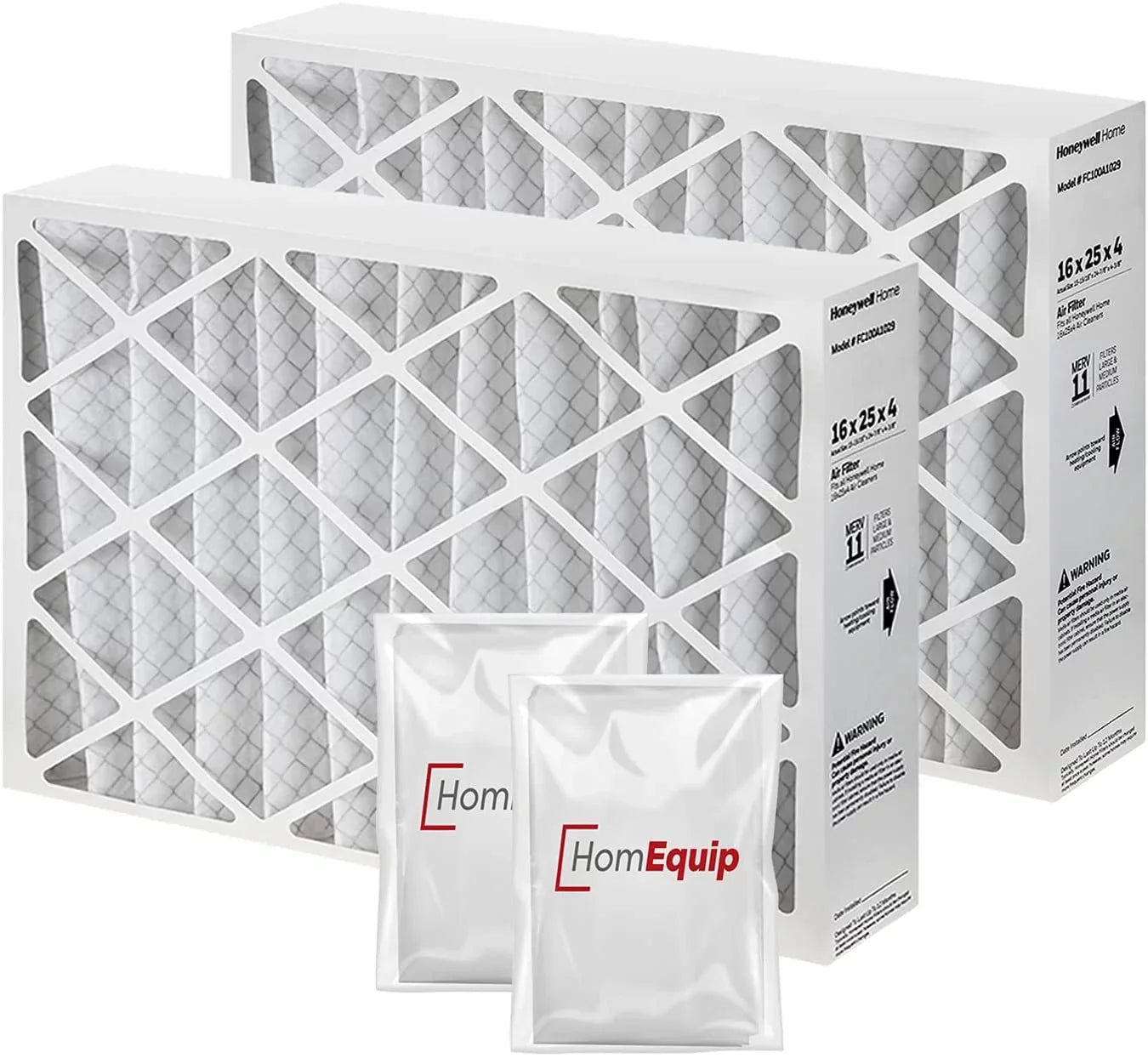 Honeywell  Furnace Filters, 16 x 25 x 4 Air Filter Replacement Merv 11 Filter Media with Homequip Disposal Bag (2 Pack)