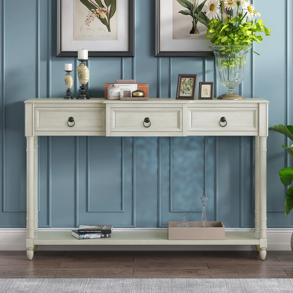 Console Table Sofa Table with Drawers for Entryway with Projecting Drawers and Long Shelf (Antique White,  : )