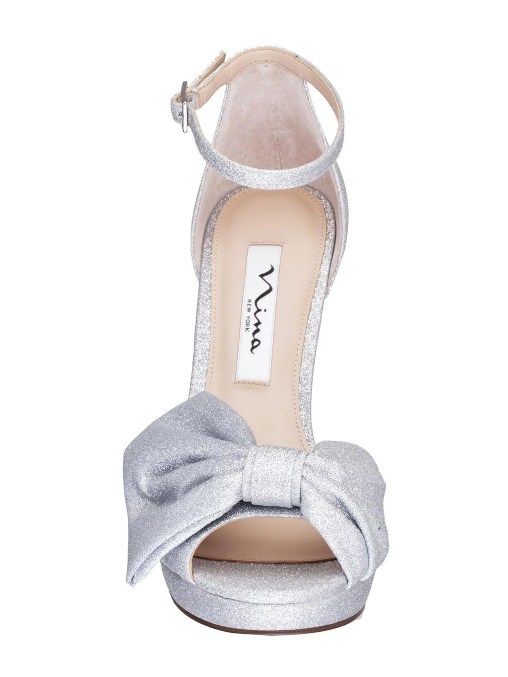 Womens Silver Glitter Padded Goring Ankle Strap Bow Accent Flosie Almond Toe Stiletto Buckle Leather Dress Pumps Shoes 11