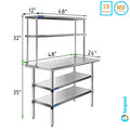24" x 48" Stainless Steel Work Table With Two Shelves | 12" Wide Double Tier Overshelf | Metal Kitchen Prep Table & Shelving Combo