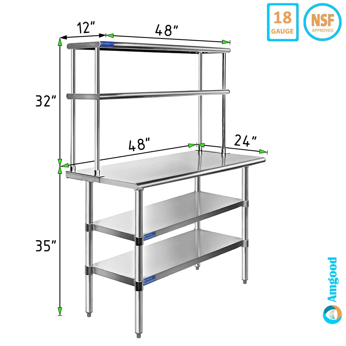 24" x 48" Stainless Steel Work Table With Two Shelves | 12" Wide Double Tier Overshelf | Metal Kitchen Prep Table & Shelving Combo