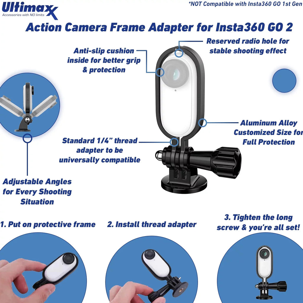 Insta360  2 Action Camera with Deluxe Bundle - Includes: Action Camera Frame Adapter for Insta360 , Selfie Stick, Suction Cup Mount, Floating “Bobber” Handle, Pipe/Bike Mount & Much More