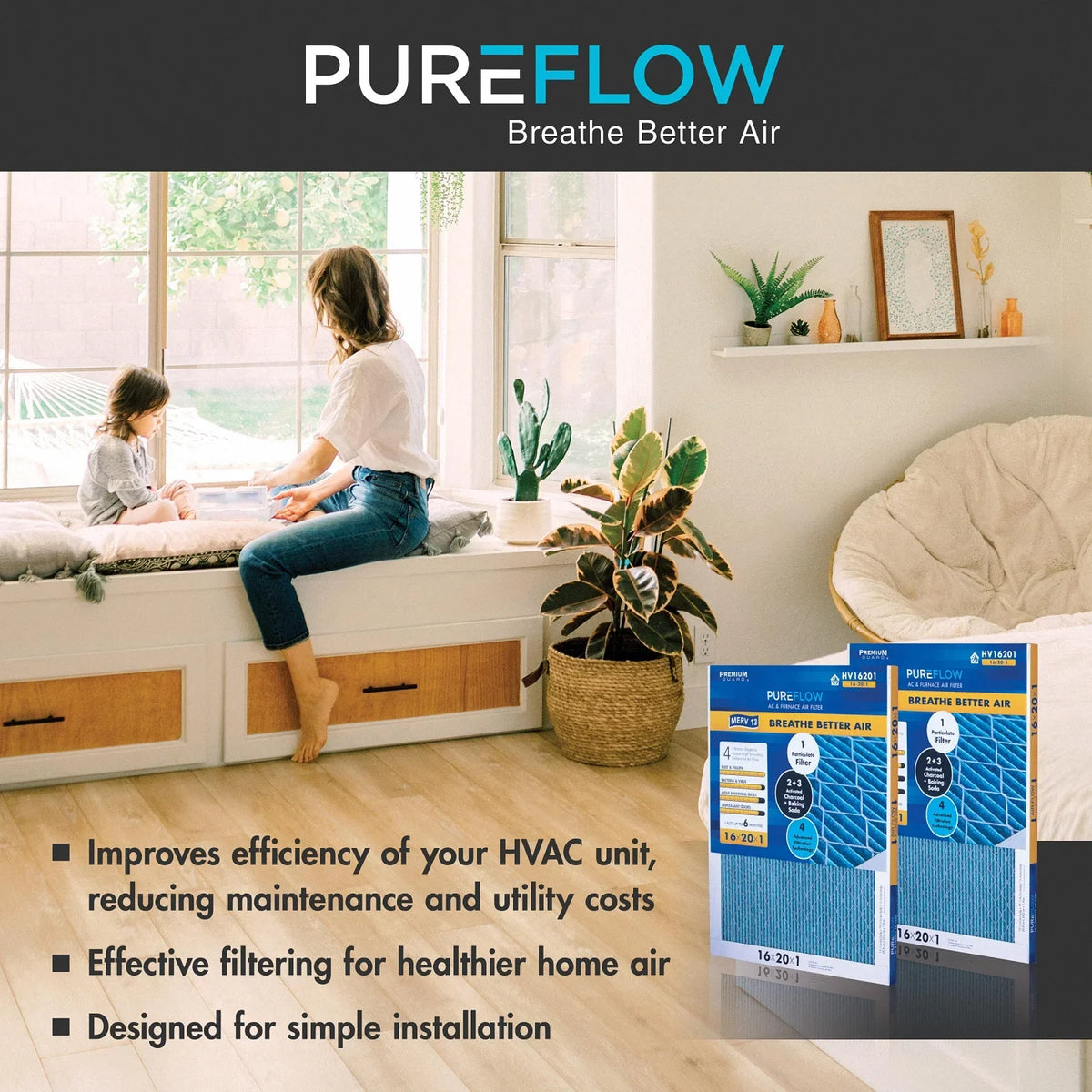 PureFlow , Home Furnace Air Filter 20x20x4, with 4 Layers of Advanced Filtration Technology, -13 Pack-of-2