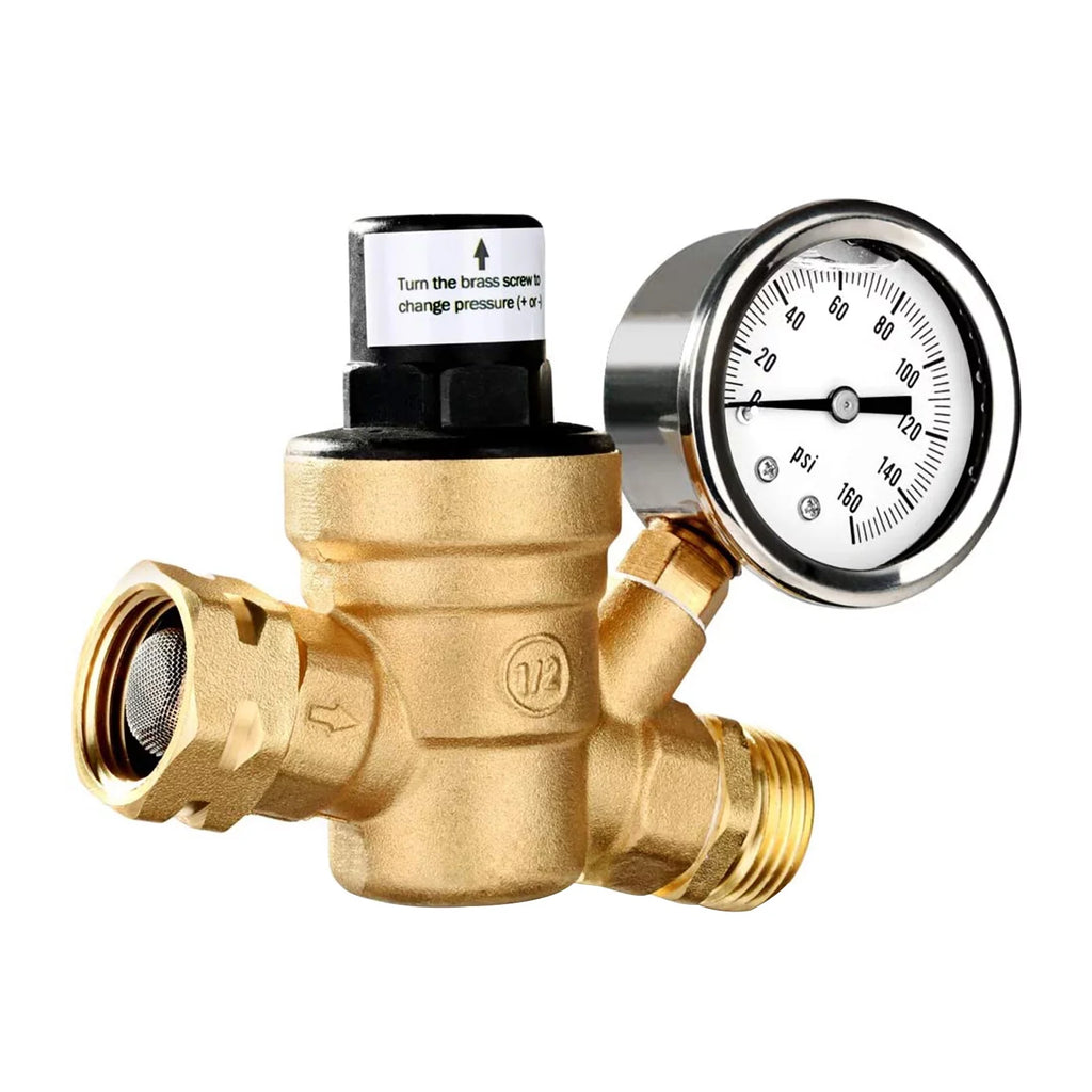 Adjustable Water Pressure Regulator Valve - Lead-Free Brass, with 0-160PSI Gauge and Inlet Screened Filter, Ideal for  and Travel Trailers