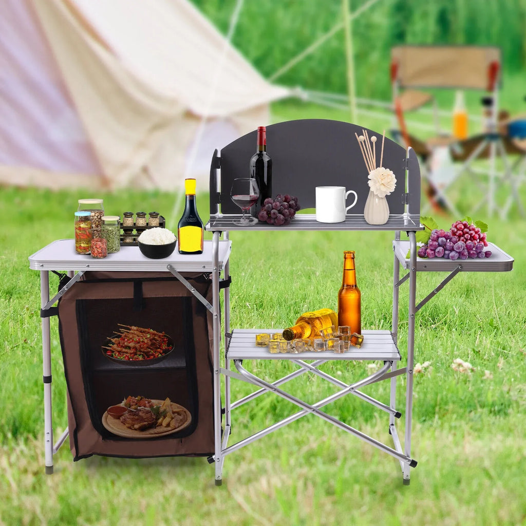 Folding Camping Kitchen Station Portable Barbecue Table Rack Brown Fabric Cover