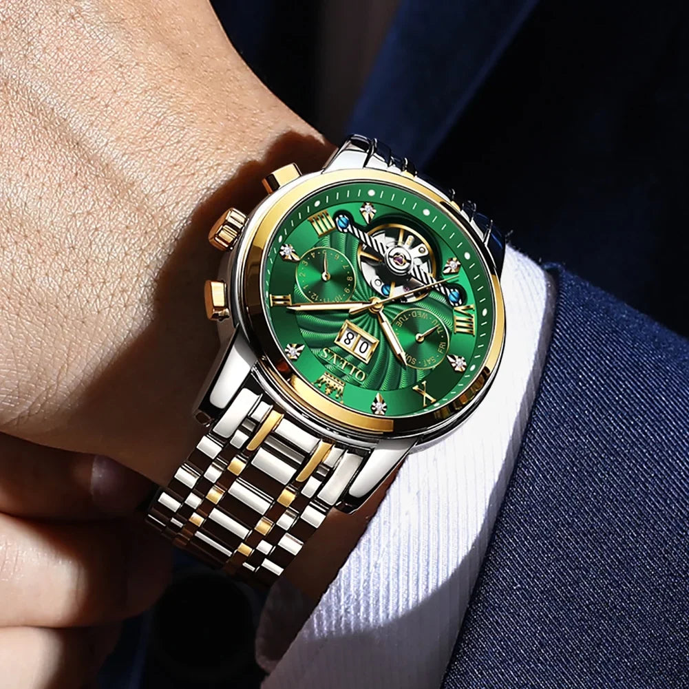 Automatic Watches for Men Luxury Business Dress Mens Watches Diamond Skeleton Self-Winding Stainless Steel Band