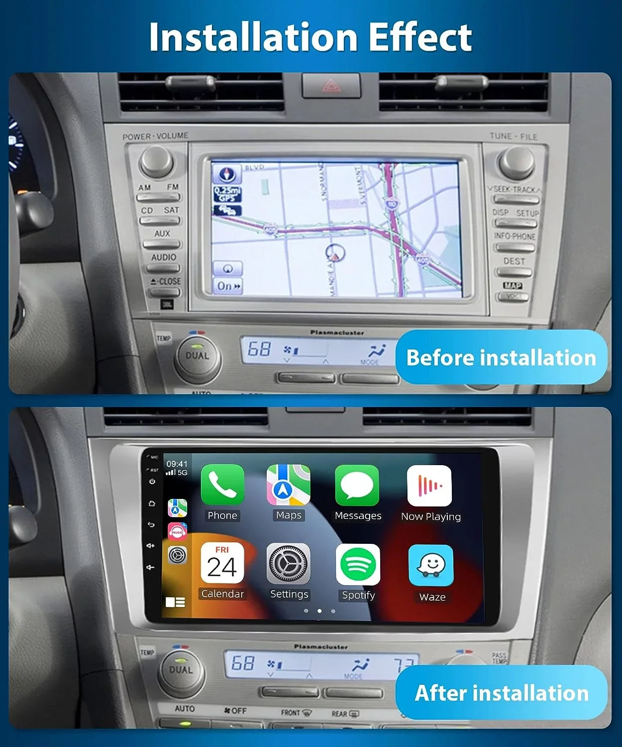 Podofo 2+32G for Toyota Camry 2006-2011 Car Stereo Radio Wireless Carplay Android Auto Mirror Link 9'' Touchscreen  1080P   Hifi  Bluetooth,  Backup Camera