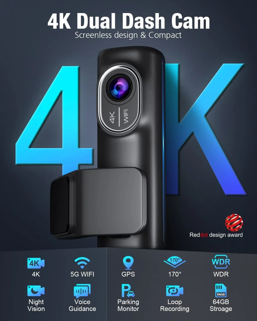 Dash Cam Front and Rear 4K/2K/1080P+1080P 5G WiFi  for Cars with Free 64G  Card, Night Vision, 24h Parking Mode,170°Wide, -Sensor, Loop Recording,