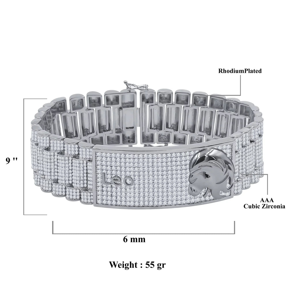 Zodiac Sign Leo Lion 14K White Gold Finish Simulated Diamond Mens Link Bracelet 8.5''