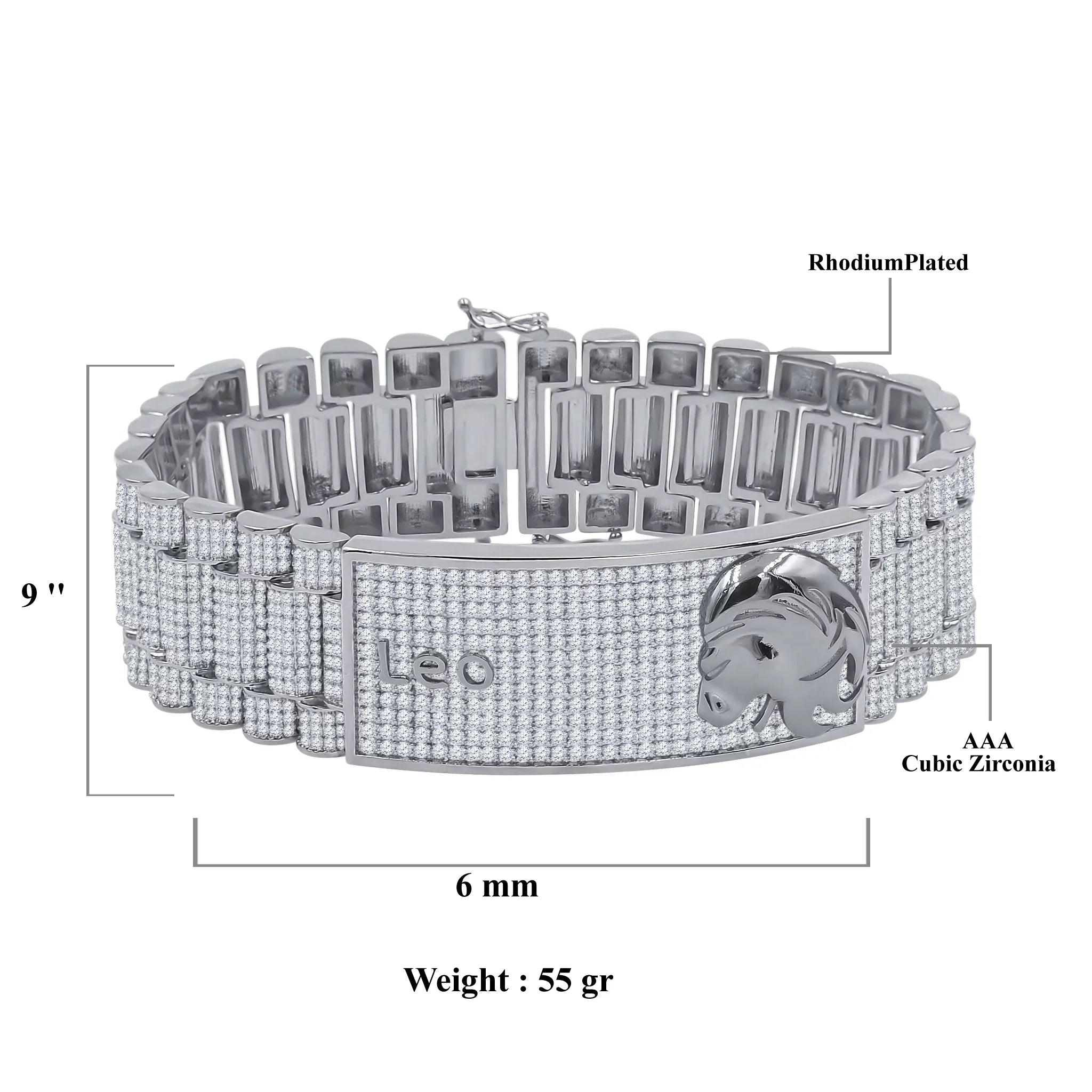 Zodiac Sign Leo Lion 14K White Gold Finish Simulated Diamond Mens Link Bracelet 8.5''