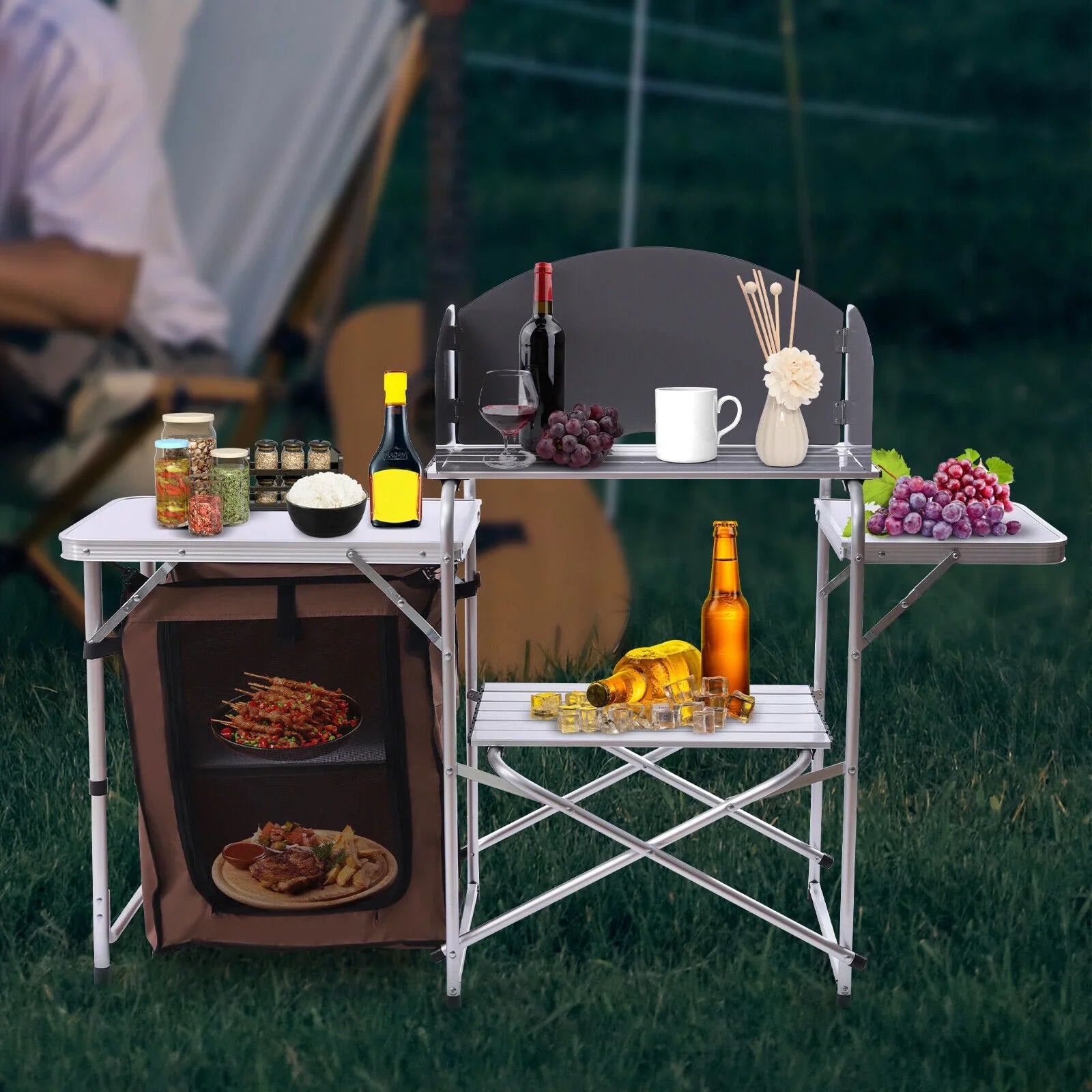 Folding Camping Kitchen Station Portable Barbecue Table Rack Brown Fabric Cover