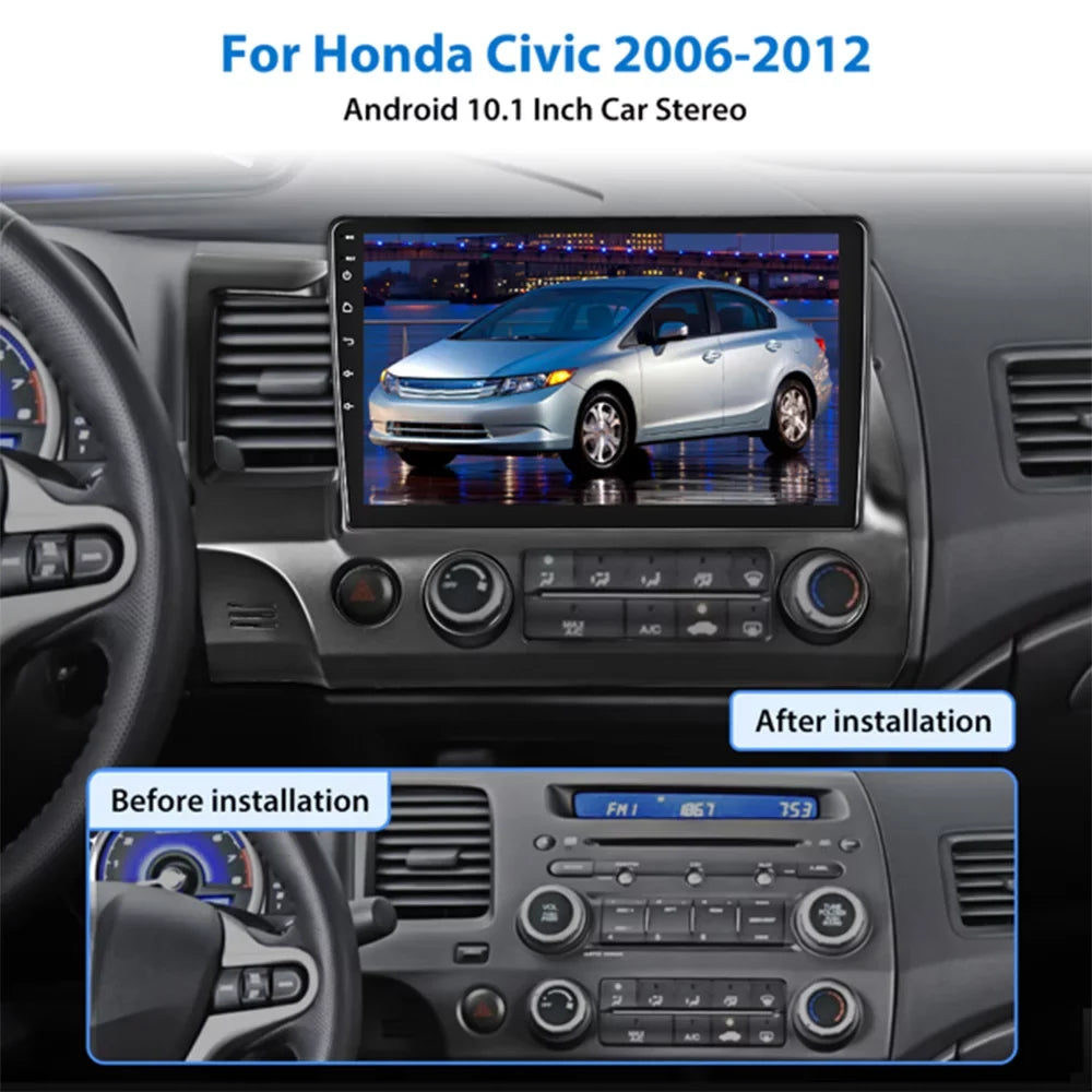 Podofo 2+64G for Honda Civic 2006-2011 Wireless Carplay Android Auto Mirror Link 10'' Touchscreen Car Stereo Radio Android 13  1080P   Hifi  Bluetooth,  Backup Camera