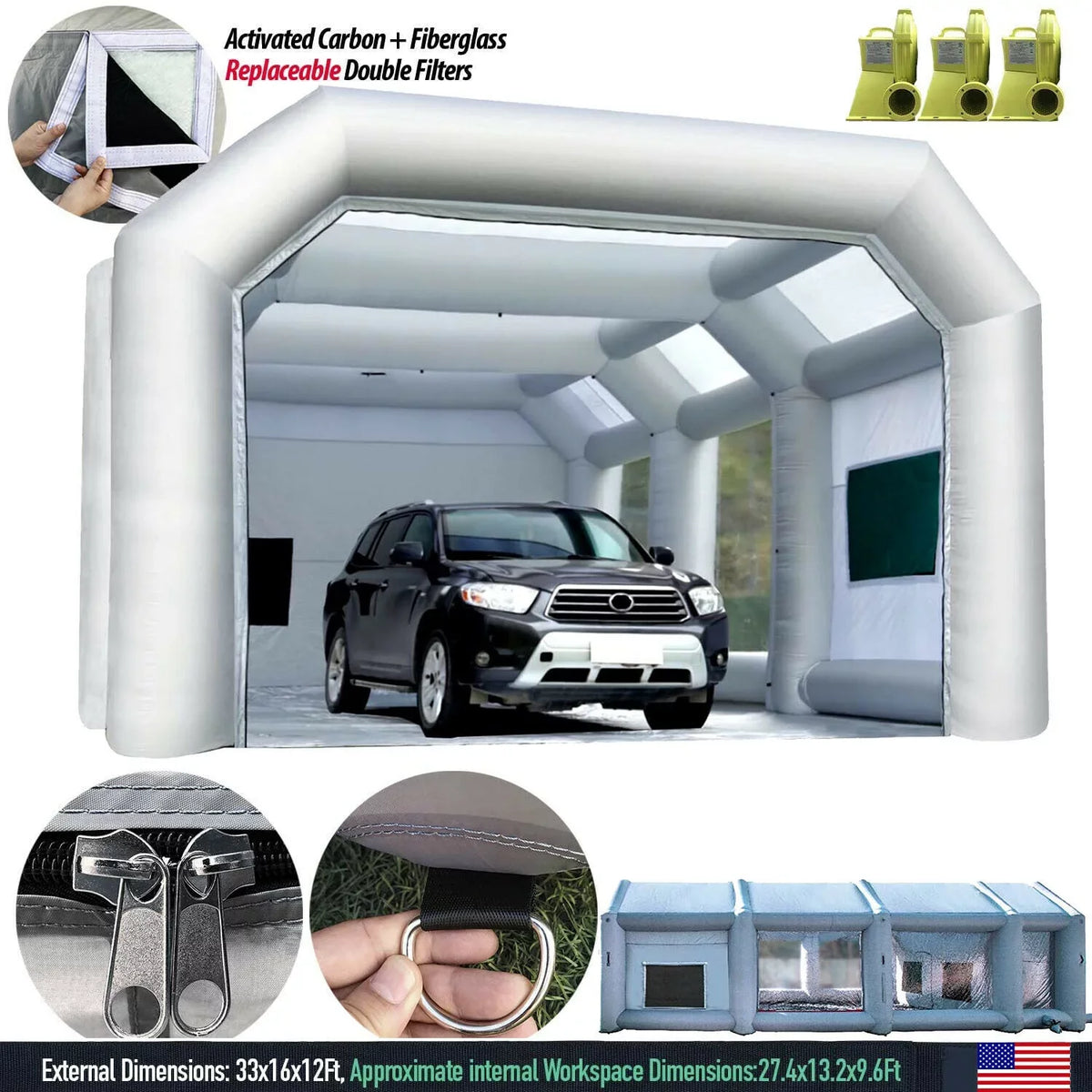 Urbanest Inflatable Paint Booth 33x16.4x11.5Ft With Blowers Car Painting Tent for Car Garage