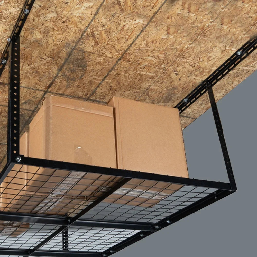 Titan Attachments 4' x 4' Overhead Garage Storage Rack, 20" to 41" Adjustable Height, Ceiling Mount Organization System, Metal Wire Grid with 500  Loading Capacity, Storage for Bikes Equipment Bins