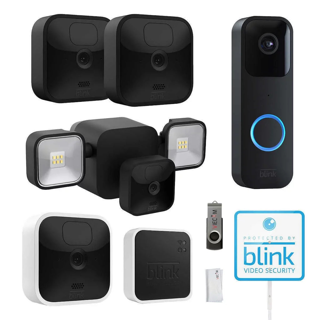 Blink_Outdoor Whole Home Bundle, 1 Floodlight Mount, 3 Outdoor & 1 Indoor Cameras, Video Doorbell +  32GB  Drive & Cleaning Cloth