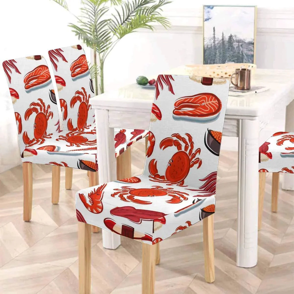 Salmon Steaks Shrimps Crabs Squids Sushi Stretch Chair Cover Protector Seat Slipprotective for Dining Room Hotel Wedding Party Set of 4