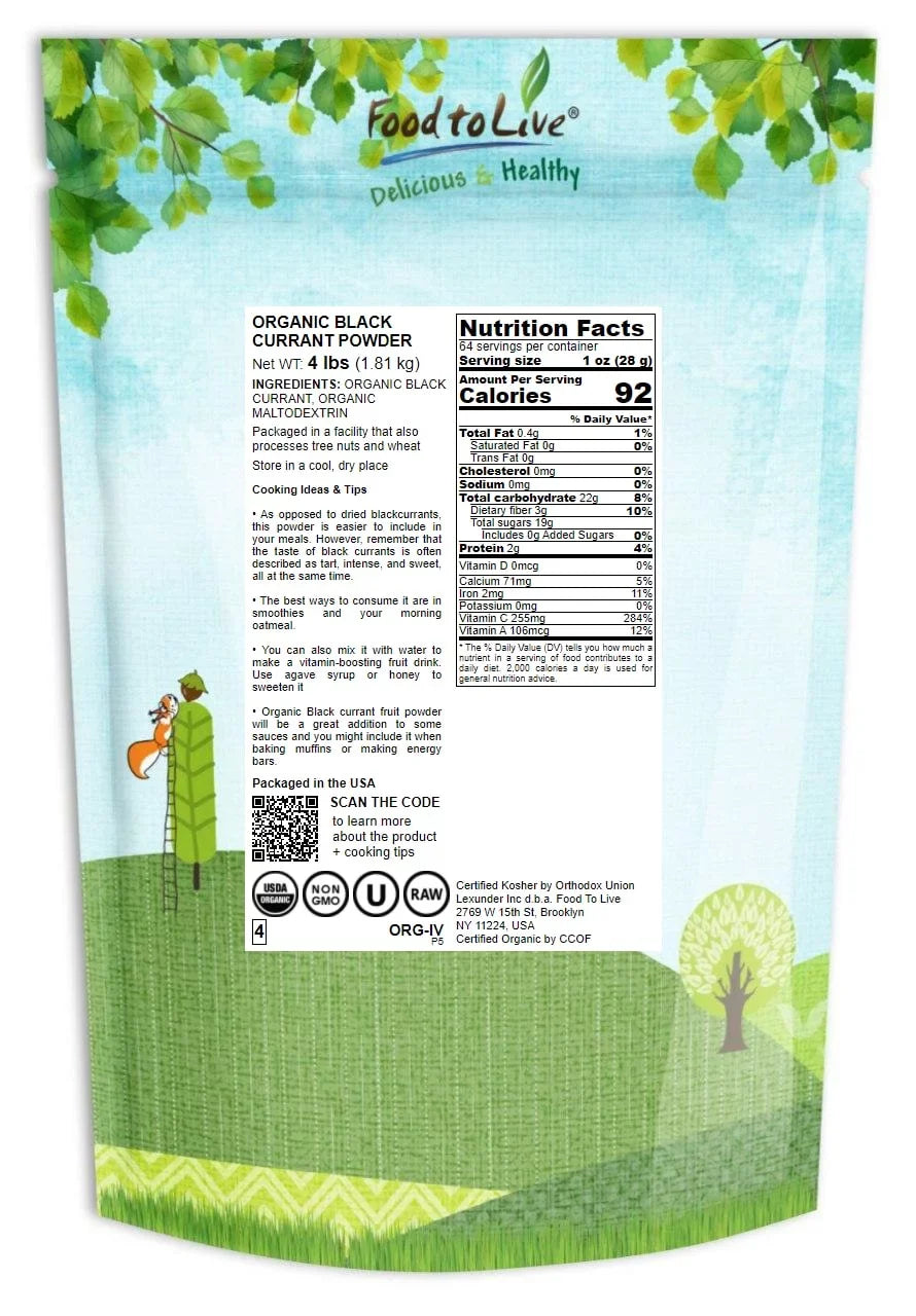 Organic Black Currant Powder, 4 Pounds — Non-, Raw, Vegan, Kosher — by Food to Live
