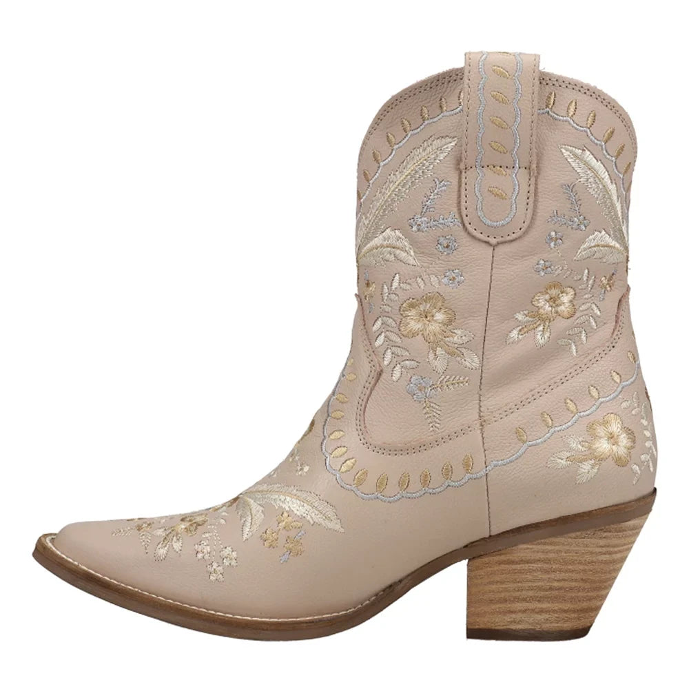 Dingo  Womens Primrose Embroidered Floral Snip Toe   Casual Boots   Ankle Mid Heel 2-3"
