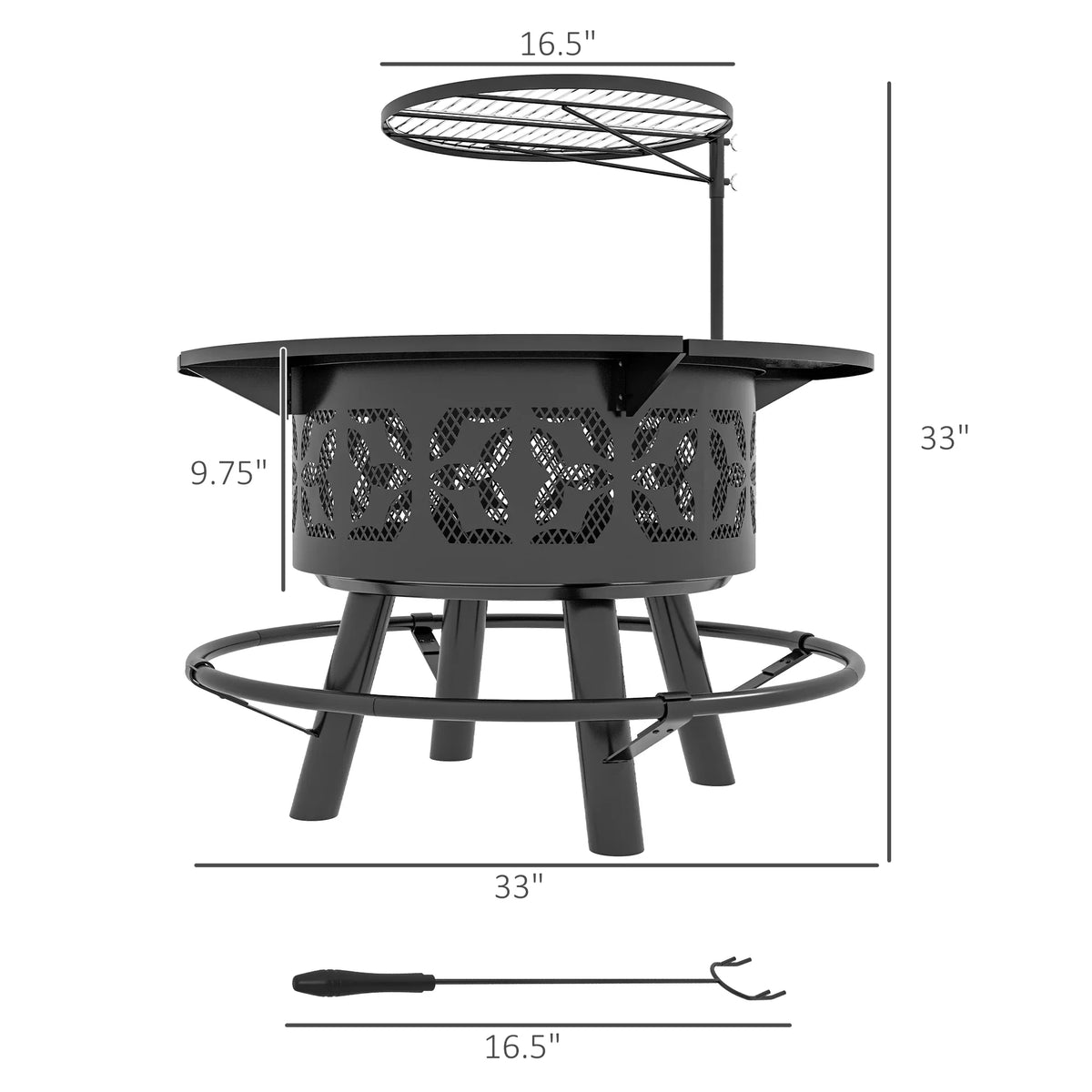 Capri 33" Outdoor Fire Pit  Grill Wood Burning Firepit with Adjustable Cooking Grate and Poker, Round, for Backyard, Patio, Picnic, Black