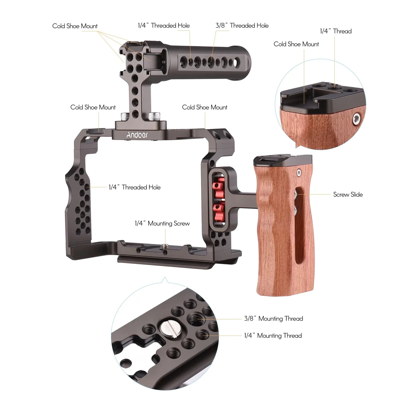 7299 Aluminum Alloy Cage Kit with Video Rig Handle Wooden Grip Replacement for Sony  /  /