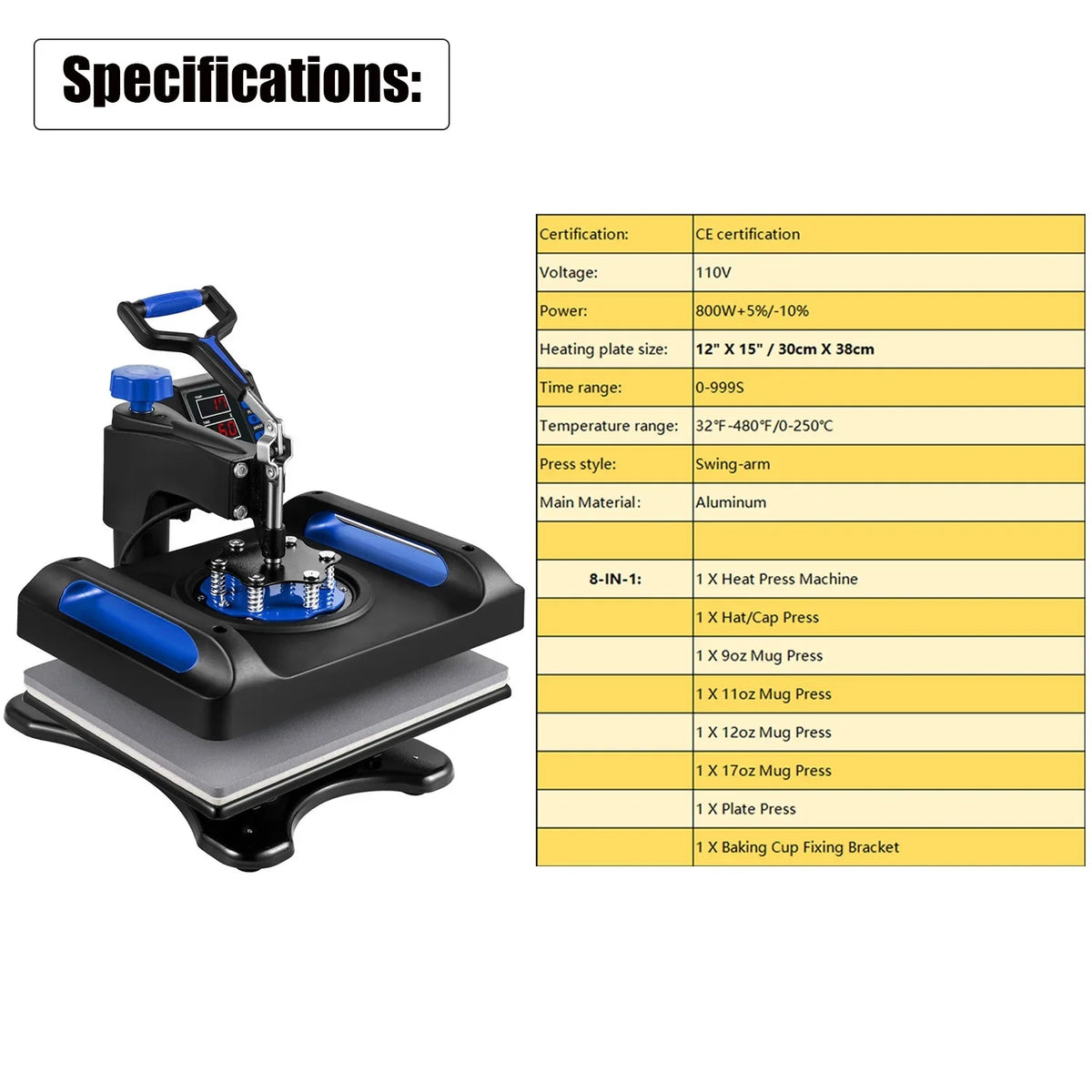 Blue Heat Press Machine 8 in 1, 12 x 15 Inches Sublimation Transfer Printer, Digital Precise  Control Printing, 360 Swing Away Vinyl Transfer Printer for -Shirts, Canvas Bag, Pillow, Banner