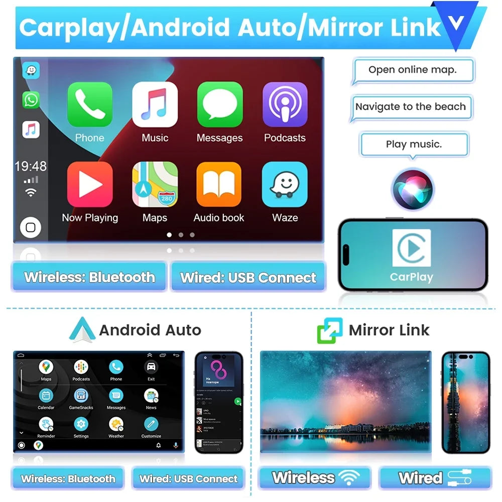 Podofo 2+64G Universal 9'' Double Din Car Stereo Radio Wireless Carplay Android Auto Mirror Link Touch Screen 1080P Car Multimedia Player Bluetooth    , Microphone& Backup Camera
