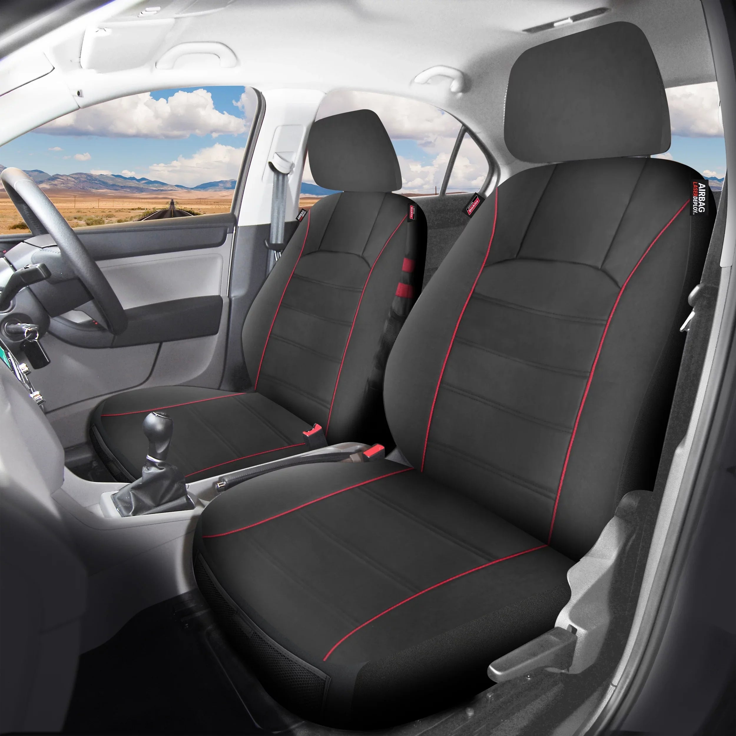 Genuine Dickies 2 Piece Universal Front Car Seat Covers with Storage - Black and Red, 43156WDI