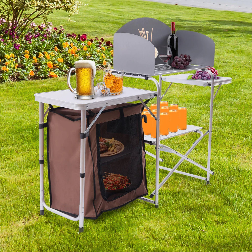 Folding Camping Kitchen Station Portable Barbecue Table Rack Brown Fabric Cover