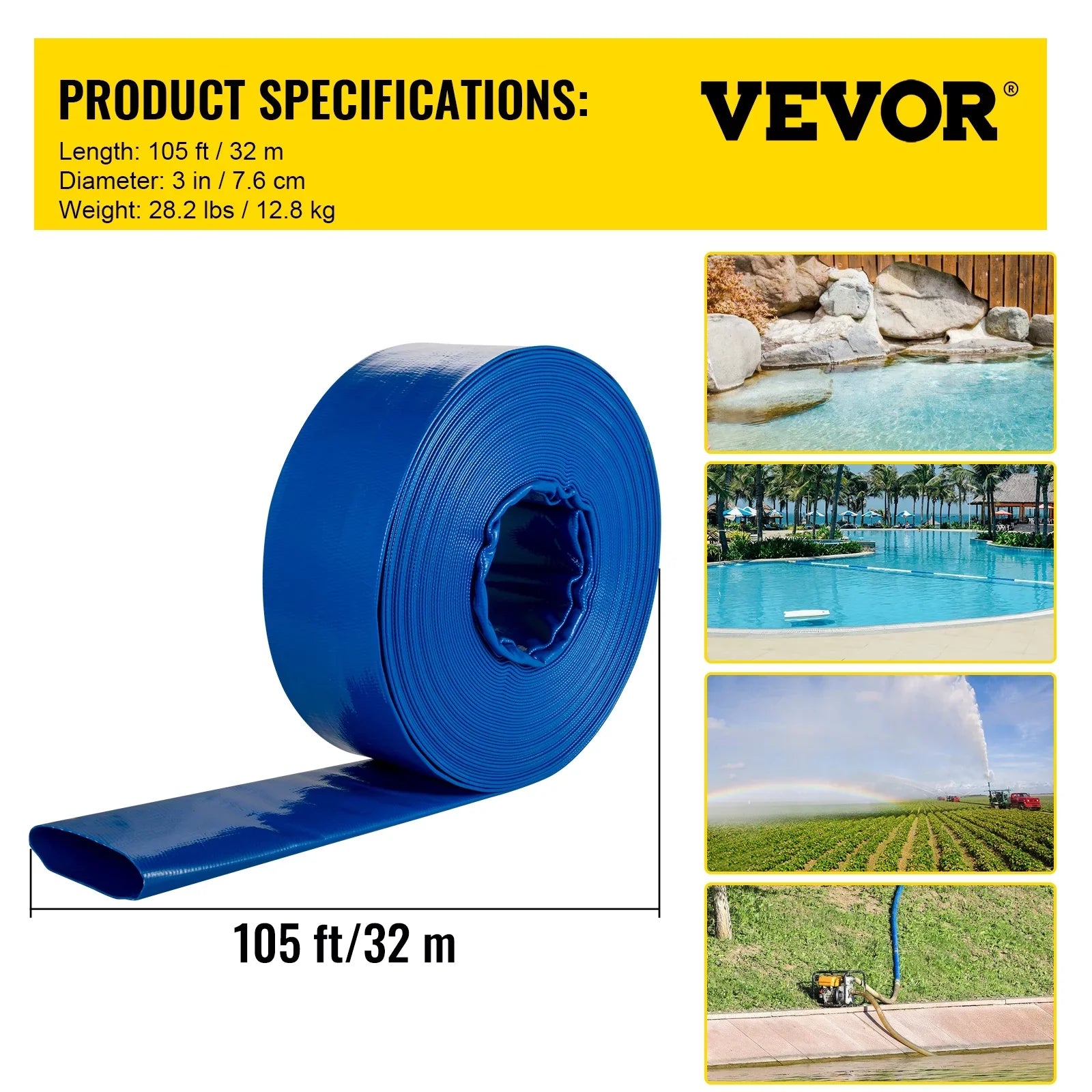 Discharge Hose, 3" x 105',  Fabric Lay Flat Hose, Heavy Duty Backwash Drain Hose with Clamps, Weather-proof & Burst-proof, Ideal for Swimming Pool & Water Transfer, Blue