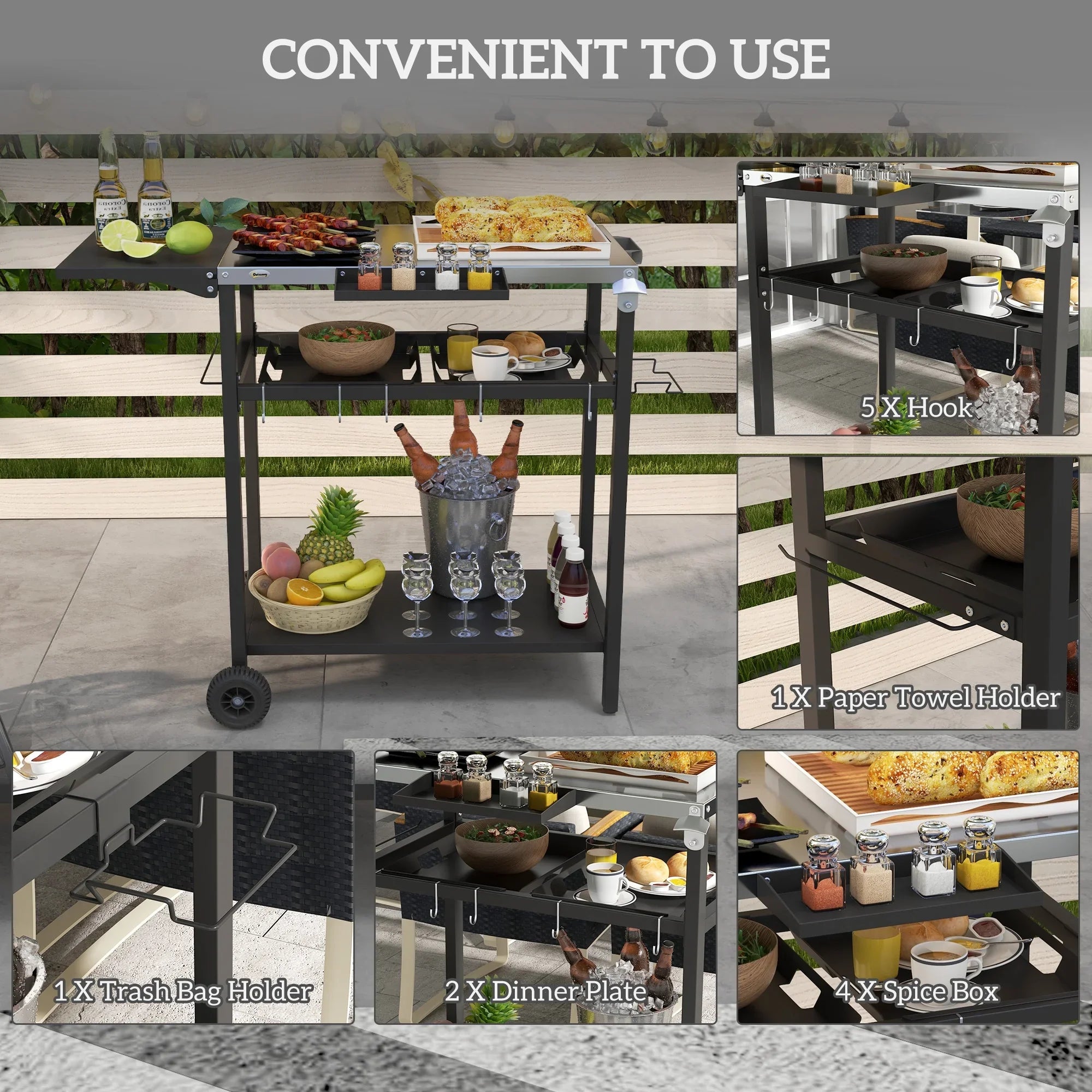 Outdoor Bar Cart with Stainless Steel Tabletop, Kitchen Island with Wheels, 2 Tiers & Seasoning Shelf, Patio Serving Cart with Hooks, Towel & Garbage Bag Holder, Plates & Spice Jars, Black