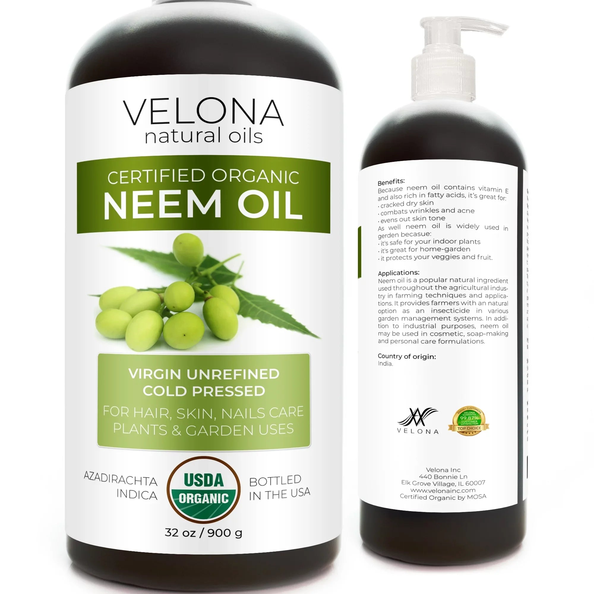 Velona Neem Oil  Certified Organic - 32 oz | 100% Pure and Natural Carrier Oil | Virgin, Unrefined, Cold Pressed | Hair, Body and Skin Care | Use Today - Enjoy Results