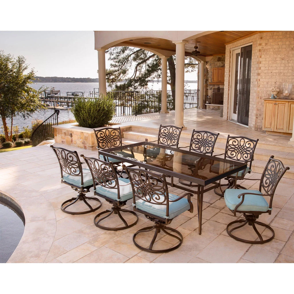 Cambridge Seasons 9-Piece Dining Set in Blue with Extra Large Glass-Top Dining Table