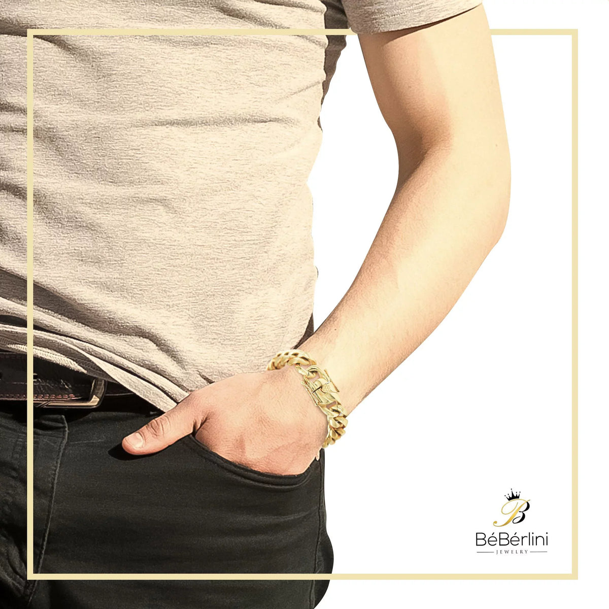 Cuban Link Bracelet 14K Gold Plated Curb Chain 9" Stainless Steel Fashion Jewelry for Adult Men 16 mm