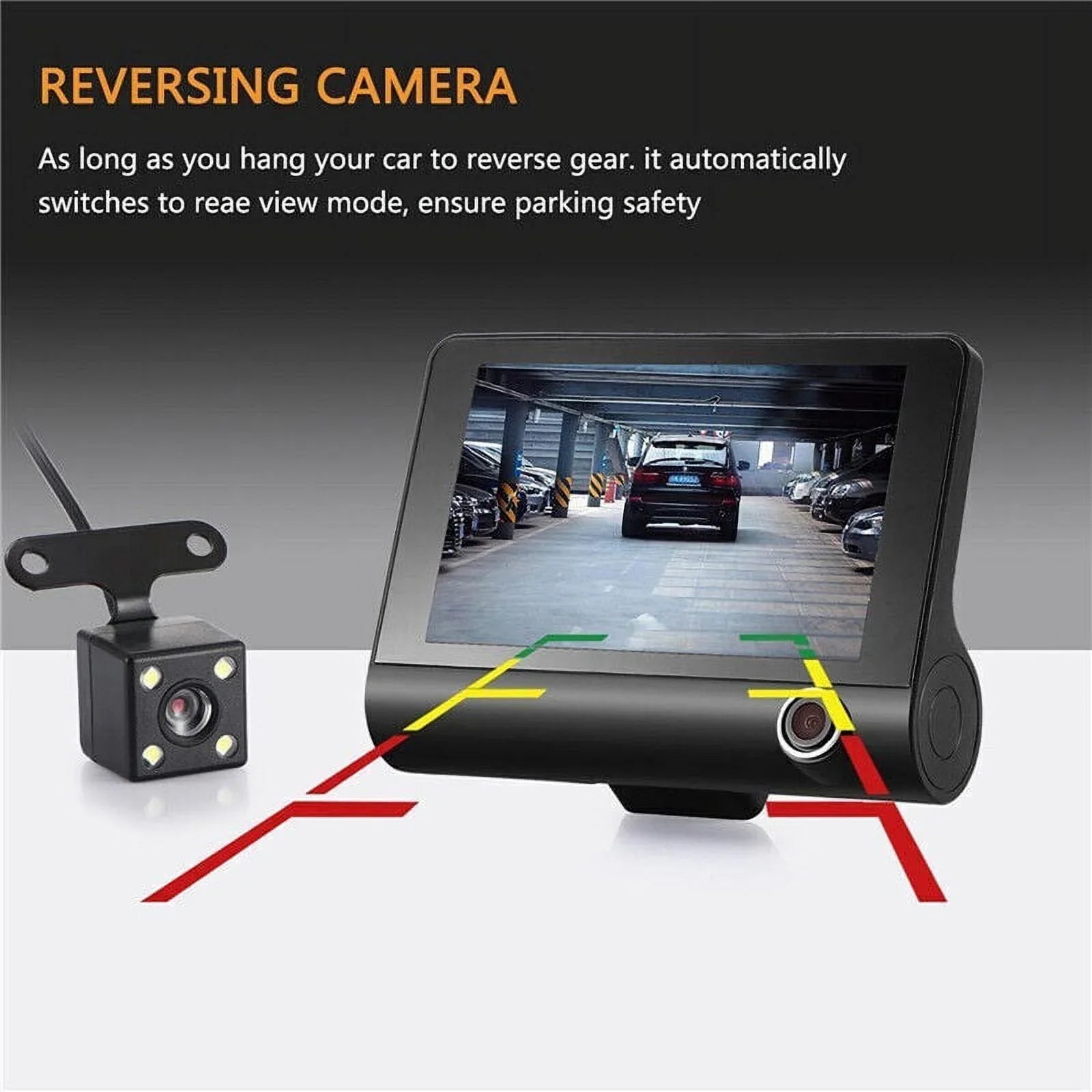 Car Dual Lens Dash Cam 1080P 4"   Front/Rear/Built-In Video Camera Driving Recorder -Sensor, Motion Detection and Parking Monitoring