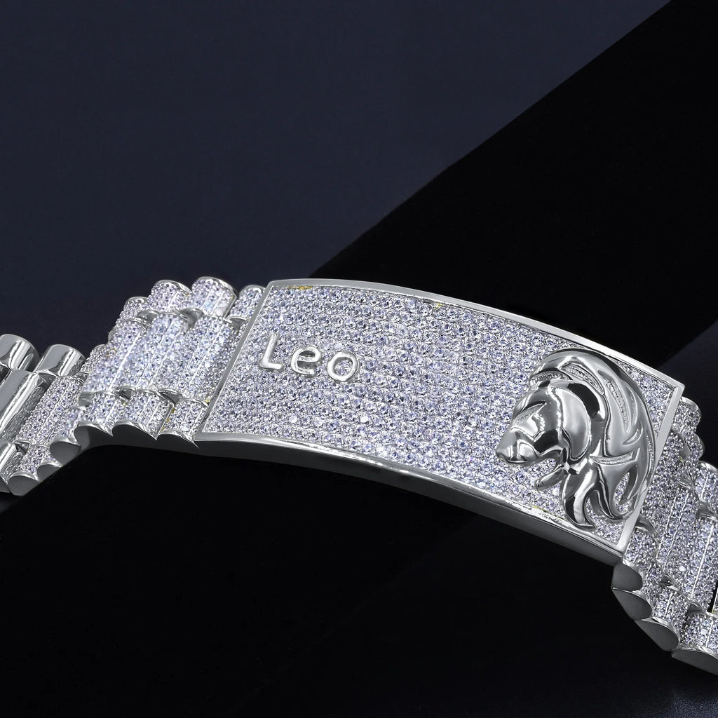 Zodiac Sign Leo Lion 14K White Gold Finish Simulated Diamond Mens Link Bracelet 8.5''
