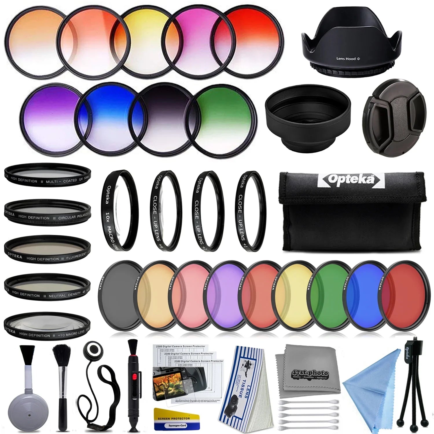 Opteka 58mm Professional 9pc Solid and Graduated Filter Accessory Bundle with 5pc Filter kit (----10x), 4pc Macro Lens Set (+1,+2,+4,10x), Tulip & Rubber Lens hoods + Cleaning kit and More