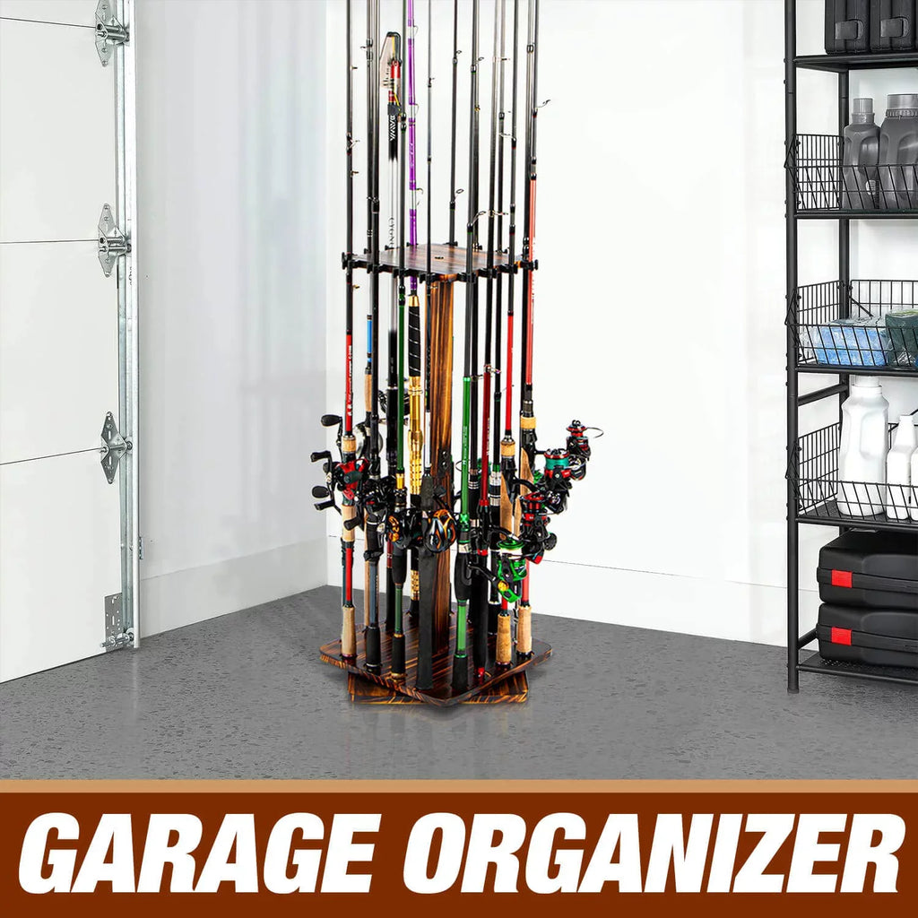 Ghosthorn Fishing Rod Pole Holders for Garage 360 Degree Rotating , Holds up to 16 Rods  Wood  Fishing Gifts for Men