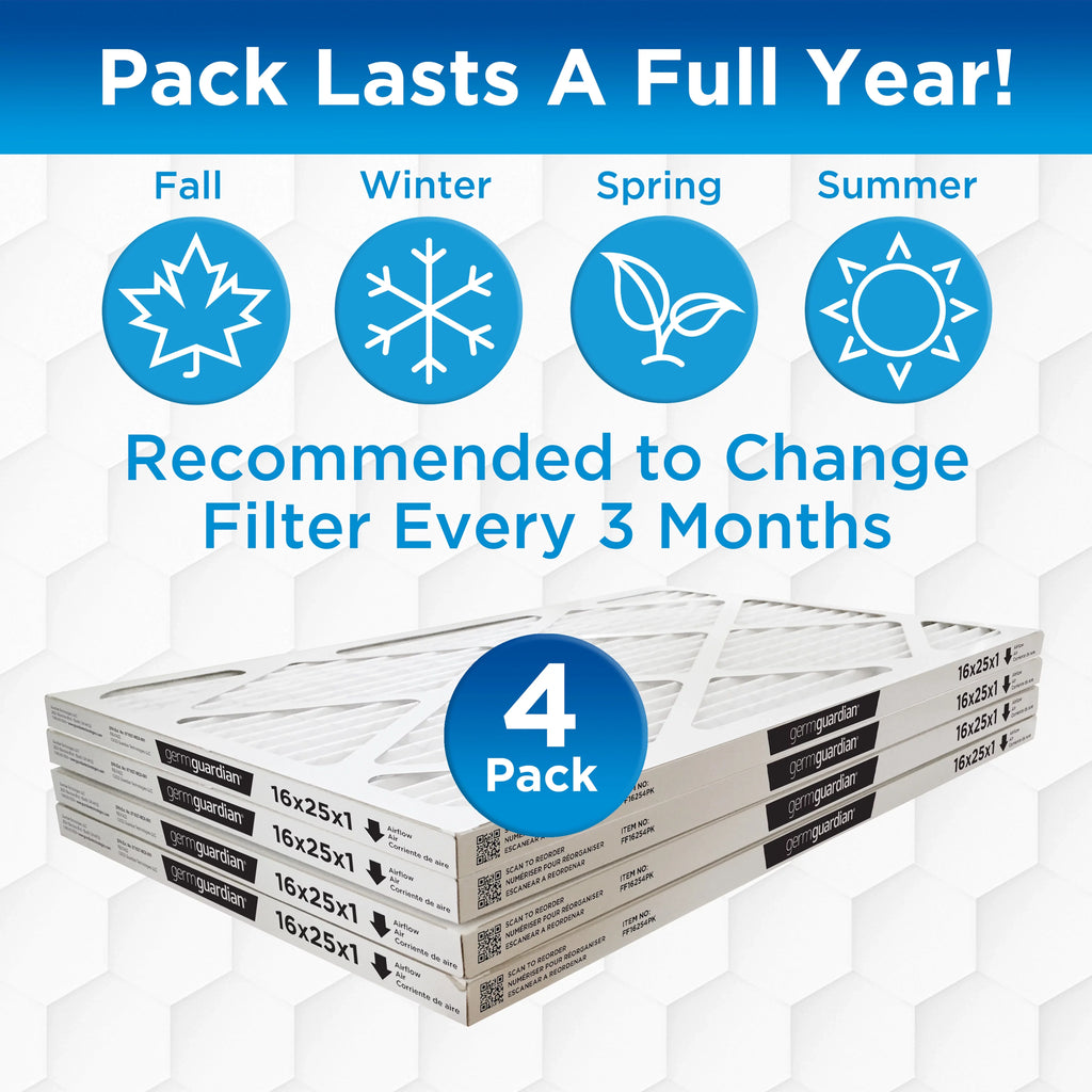 Germ Guardian 16x25x1  12 Pleated   Furnace Air Filters (4-Pack)