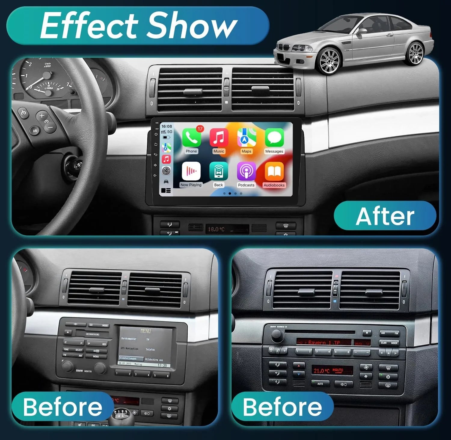 8 Core  Radio Upgrade Android 11 Car Stereo for  3 Series 1999-2005, 9 Inch 1280*800  Touchscreen Support CarPlay & Android Auto 5G WiFi Bluetooth5.0     Backup Camera(4G+32GB)